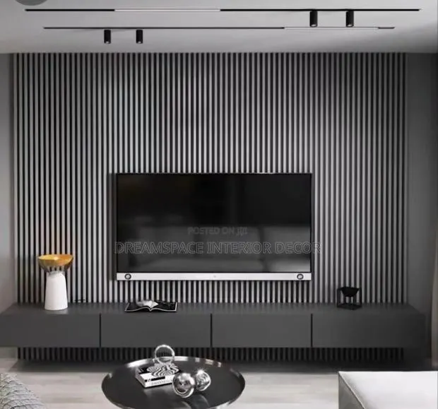 Floating Tv Unit Design With Modern Fluted Panel and Board · Photo 1