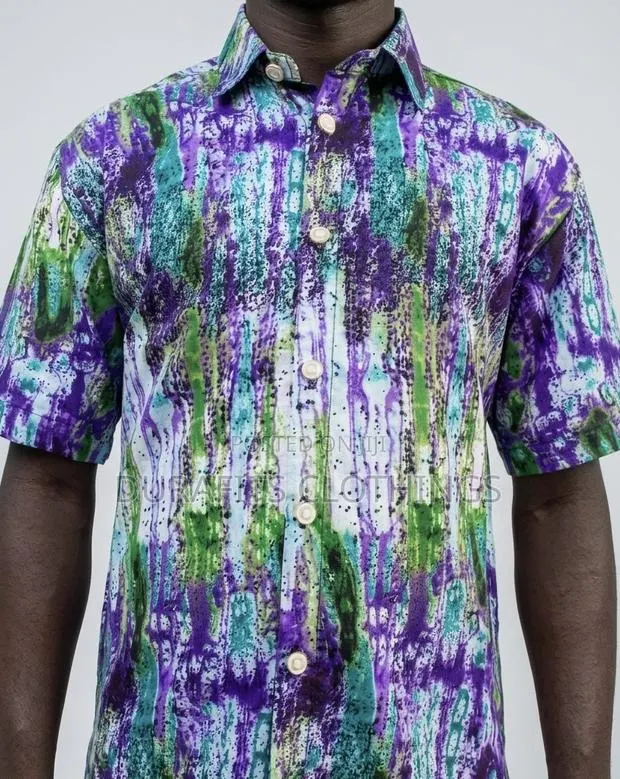 Men’s Purple Green African Print Batik Short-Sleeve Shirt · Photo 1