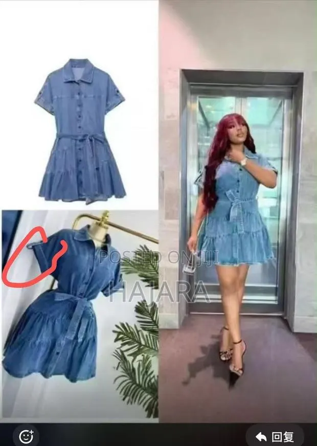 Stylish Tiered Short-Sleeve Denim Shirt Dress With Belt · Photo 1