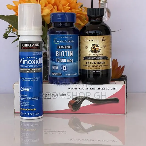 Kirkland Minoxidil Foam + Biotin + Derma Roller + Castor Oil · Photo 1