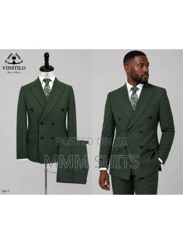 Eloquent Striped Vinstillo Double-Breasted Men's Suit in Army Green · Photo 1
