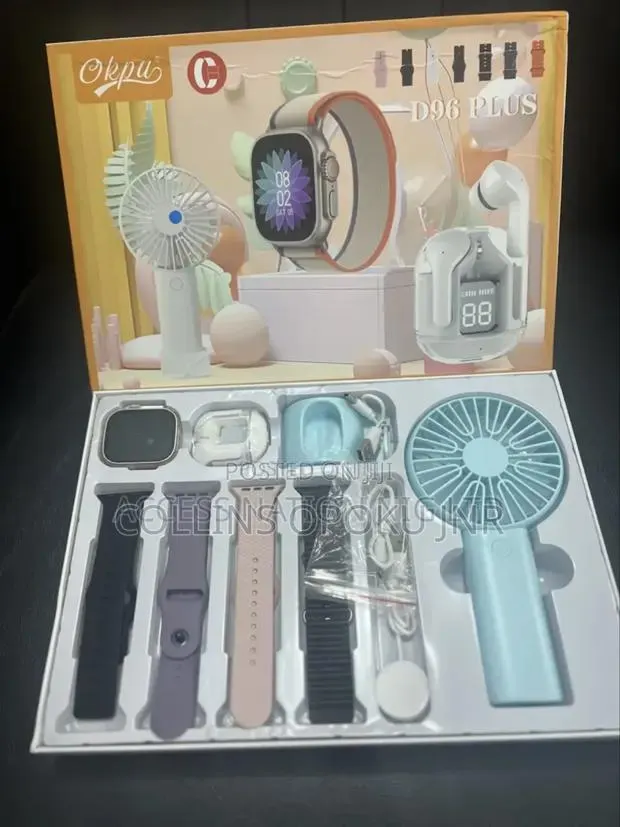 D96 Plus Smartwatch Set With Mini Fan, Earbuds, Straps- Blue · Photo 1