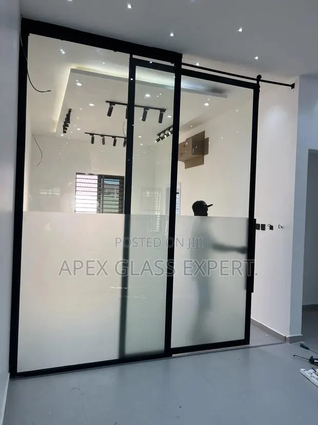 Trackless Barn Door With 10mm Designed Clear Glass · Photo 1
