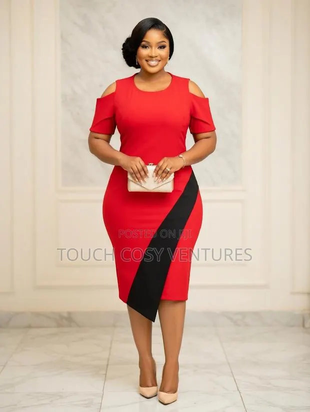 Elegant Red Black Asymmetric Cold Shoulder Midi Dress · Photo 1