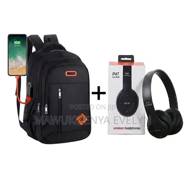 School Backpack With USB Port Black Plus Free P47 Bluetooth Headset · Photo 1