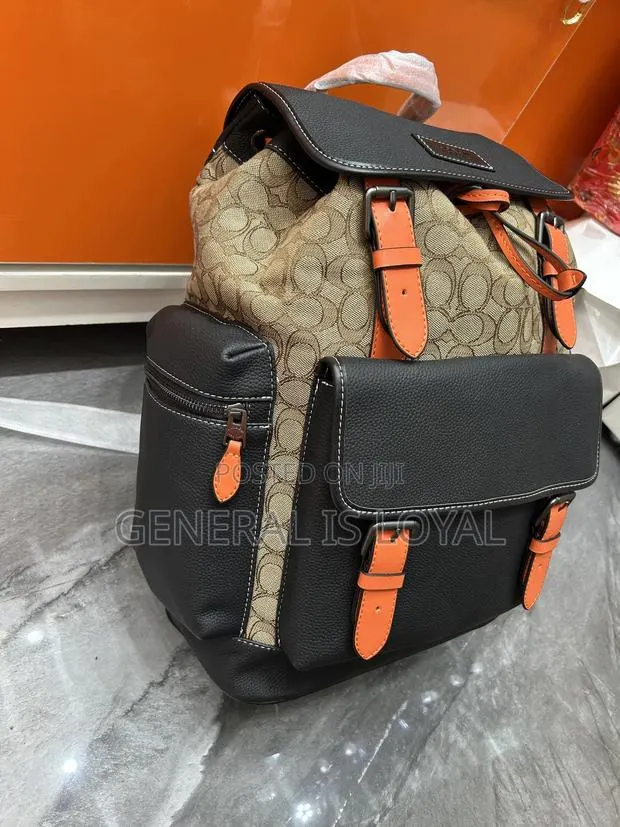 Coach Sprint Backpack Signature Jacquard Black Leather Orange Accents · Photo 1