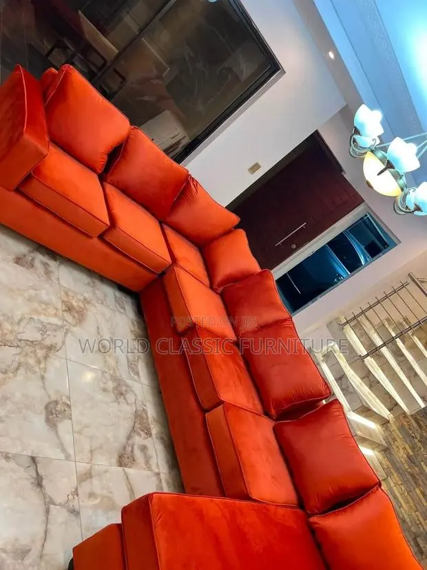 Orange Velvet L-Shaped Sectional Sofa – Modern Modular · Photo 1