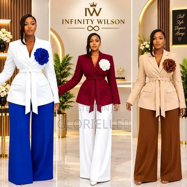 Chic Women's Blazer & Wide-Leg Trouser Set With Rose Accent · Photo 1