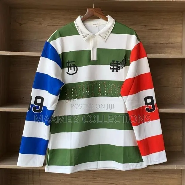 Color-Blocked Striped Rugby-Style Polo Long Sleeve Shirts · Photo 1