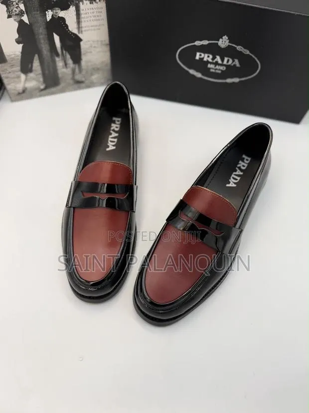 Prada Two-Tone Leather Loafers a Burgundy Vamp With Black Patent Trim · Photo 1
