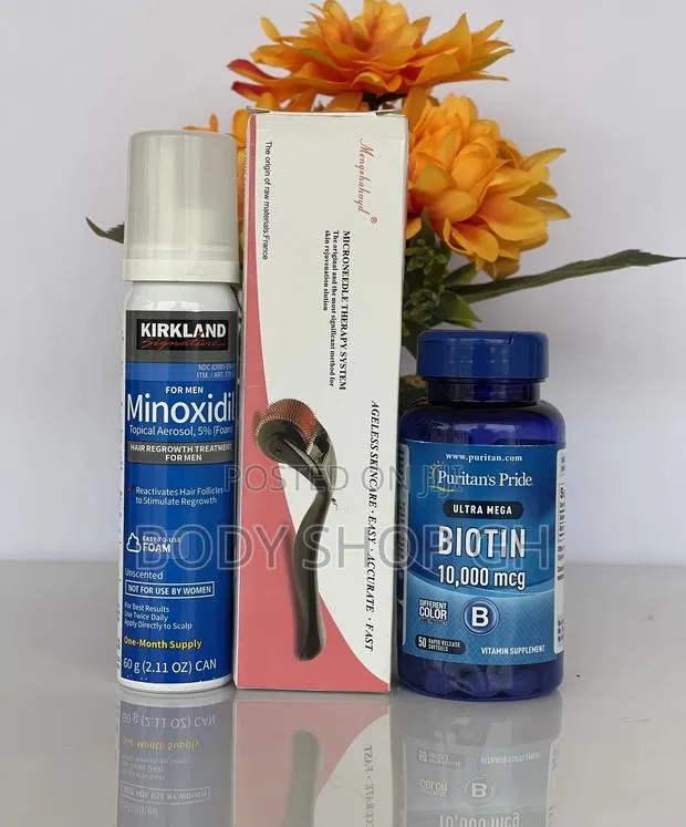 Beard Growth Pack- Kirkland Minoxidil Foam + Biotin + Roller · Photo 1
