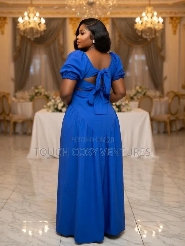 Luxe Royal Blue Puff Sleeve Bow Back Maxi Dress · Photo 1