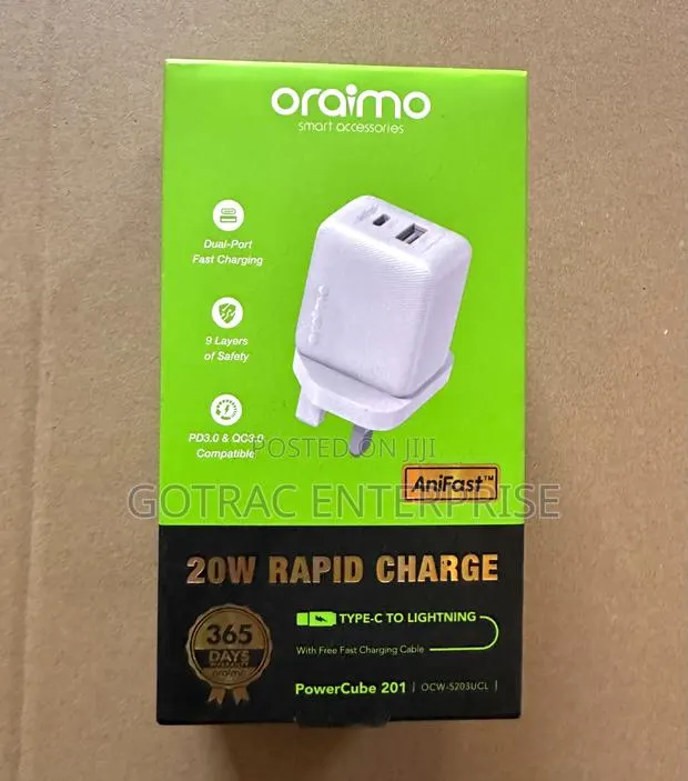 Oraimo 20W Rapid Charger (Type C to Lightning Cable + Charger Head)