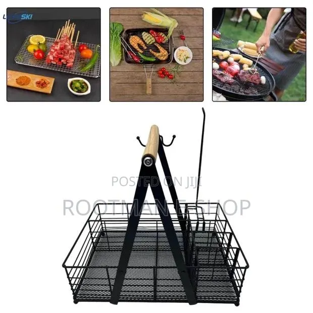 Black Metal Wire Caddy With A Wooden Handle For Organizing Picnic · Photo 1