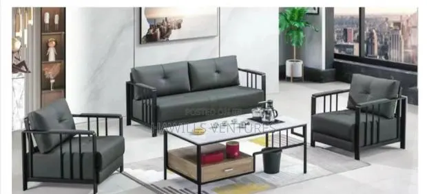 5 Seater Office Sofa Set With Black Leather Cushion. · Photo 1