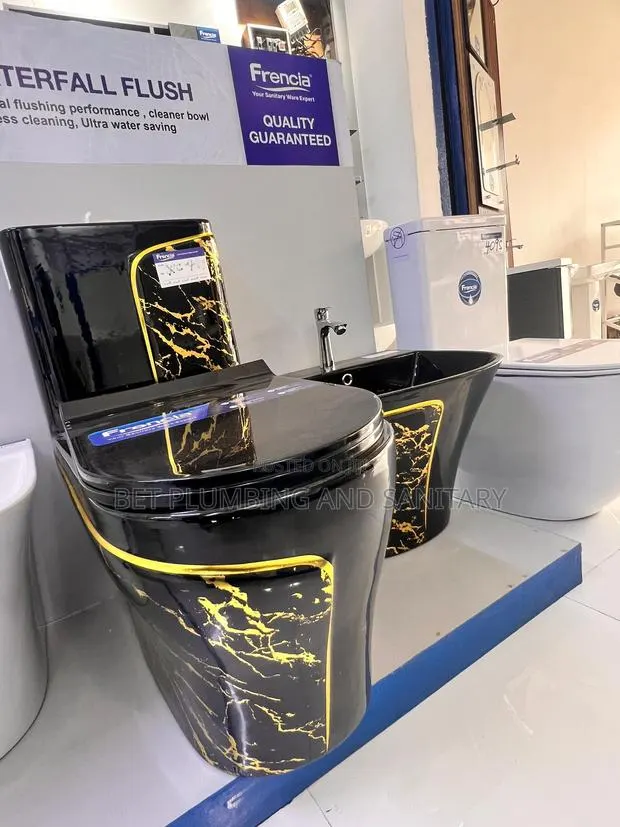 Black and Gold Water Closet(Wc) With Hunging Combine Hand Wash Basin · Photo 1