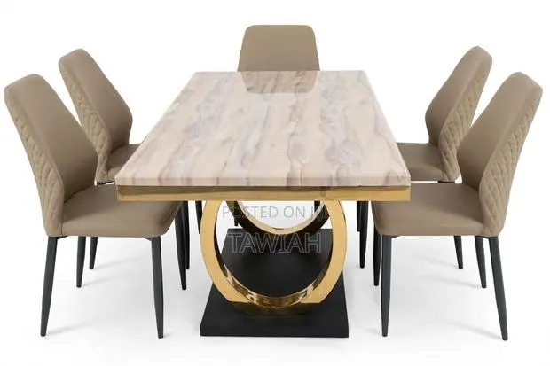 6-Seater White Marble Stainless Leg Dining Table With Chairs · Photo 1