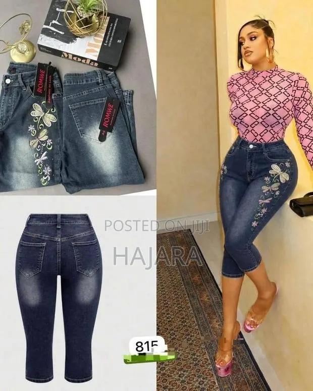 Women’s Floral Dragonfly Embroidered High-Waist Denim Capri Pants · Photo 1