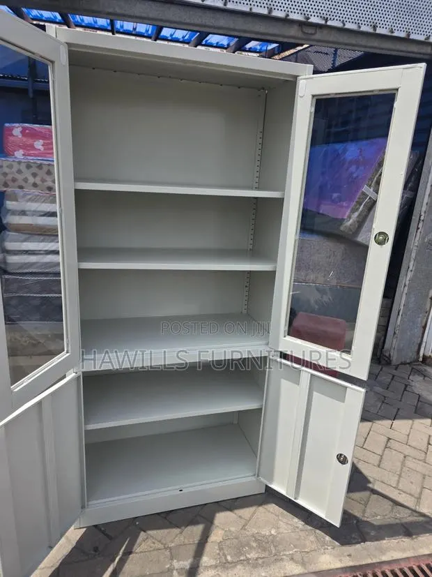 Metal Cabinet With Glass Top Doors and Solid Bottom Doors. · Photo 1