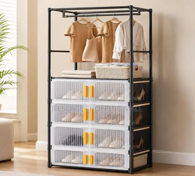 Freestanding Garment Rack With Multi-Tier Shoe Storage Clear Boxes · Photo 1