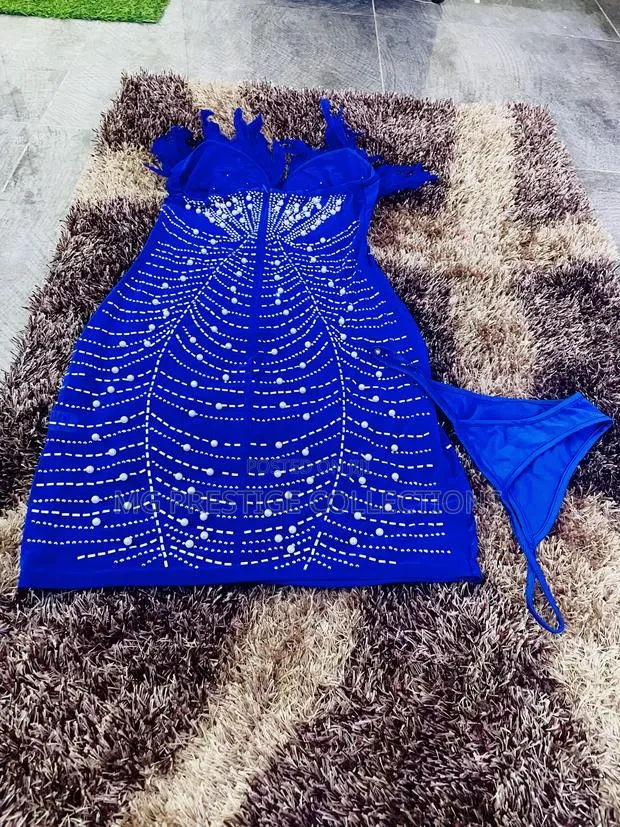 Royal Blue Pearl Rhinestone Embellished Feather Mini Dress Set · Photo 1