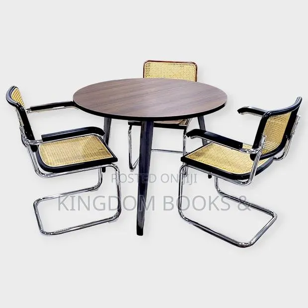 Modern Round Conference Table With 4 Matching Cane Chrome Chairs Set · Photo 1