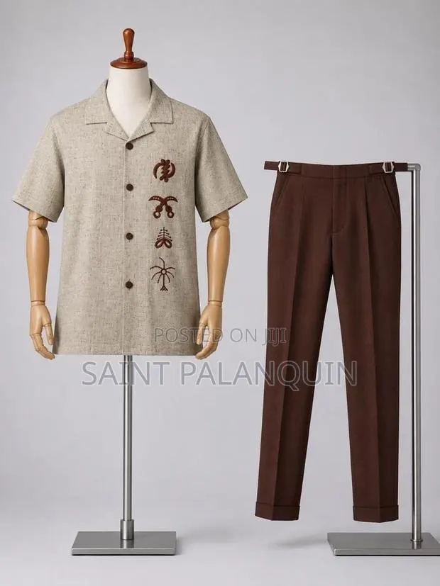 Resort-Collar Shirt With Dark Embroidery and Brown Cuffed Trousers · Photo 1