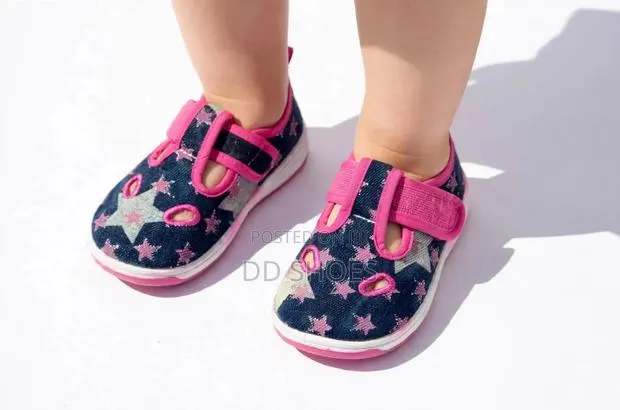 Navy Denim Star Print T-Bar Baby Shoes With Pink Velcro Strap · Photo 1