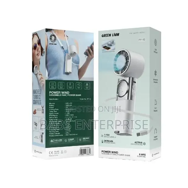 Green Lion Power Wind Handheld Fan With Power Bank- White · Photo 1