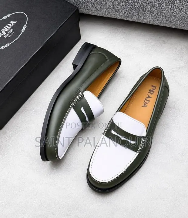 Leather Penny Loafers in Olive Green N White Strap and White Stitching · Photo 1