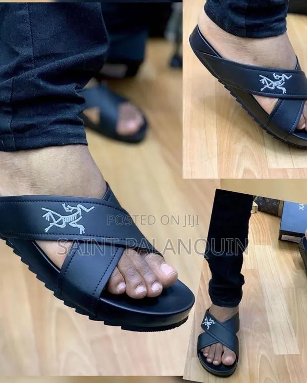 Black Leather Cross Strap Slippers · Photo 1