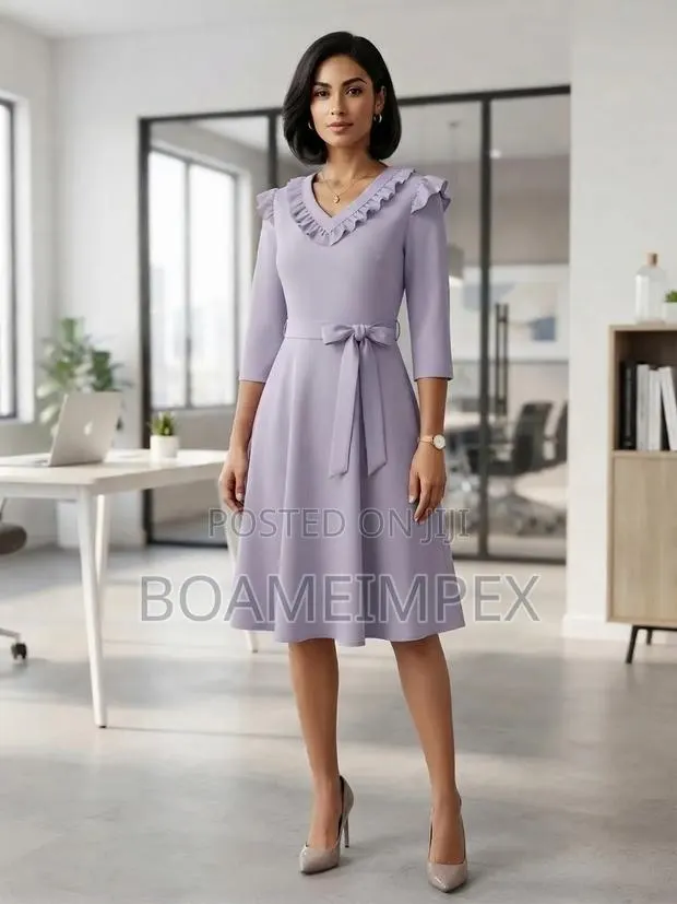 Ladies Office Wear v-Neck a-Line Midi Dress With Matching Belt · Photo 1
