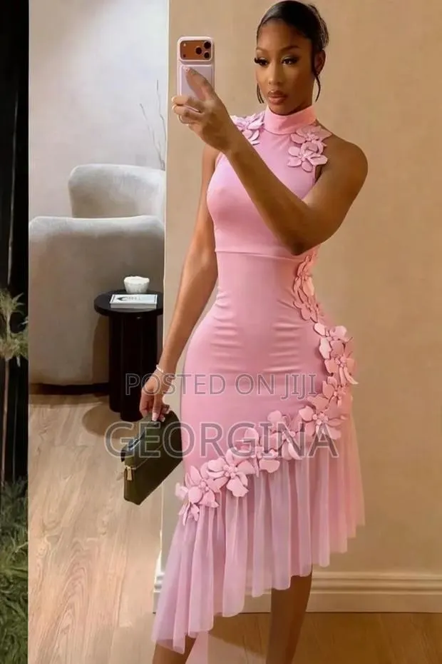 CLASSIC WEARS 3D Flower Bodycon Dress With Mesh Hem - Brown Pink White · Photo 3