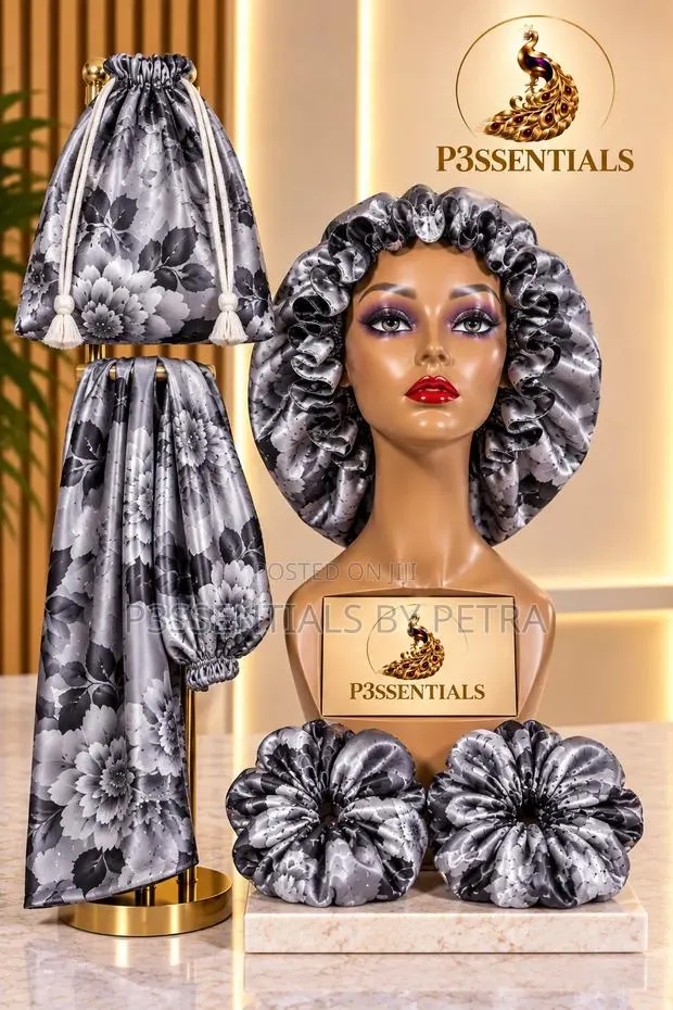 Satin Bonnet + Scarf + 2 Scrunchies Set | P3SSENTIALS · Photo 1