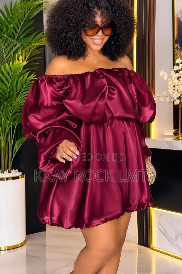 Luxurious Burgundy Satin Off-the-Shoulder Bubble Mini Dress .