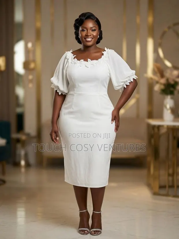 Elegant White Puff Sleeve Lace Midi Dress( Xl/ Uk Size 14) · Photo 1