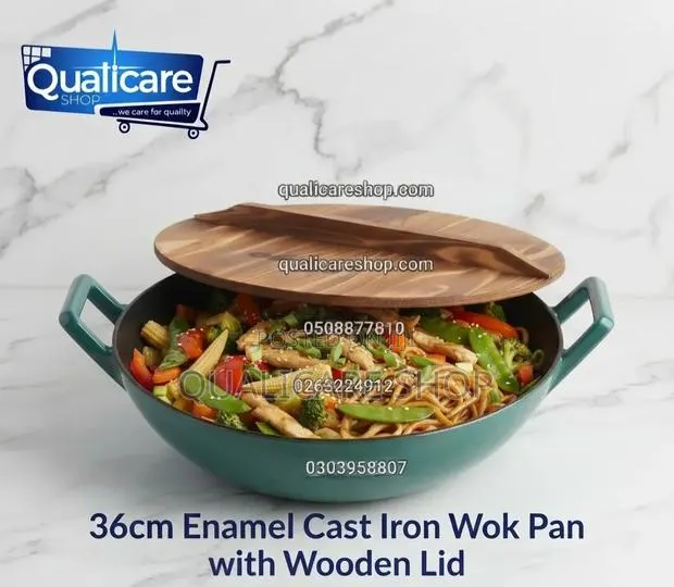 36cm Enamel Cast Iron Wok Pan With Wooden Lid · Photo 1