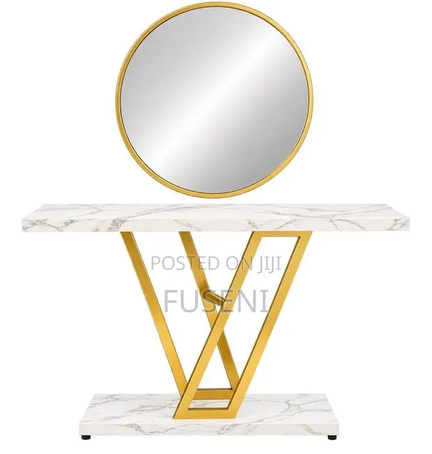 V-Shaped White Marble Console Table & 28" Round Gold Mirror Set · Photo 1