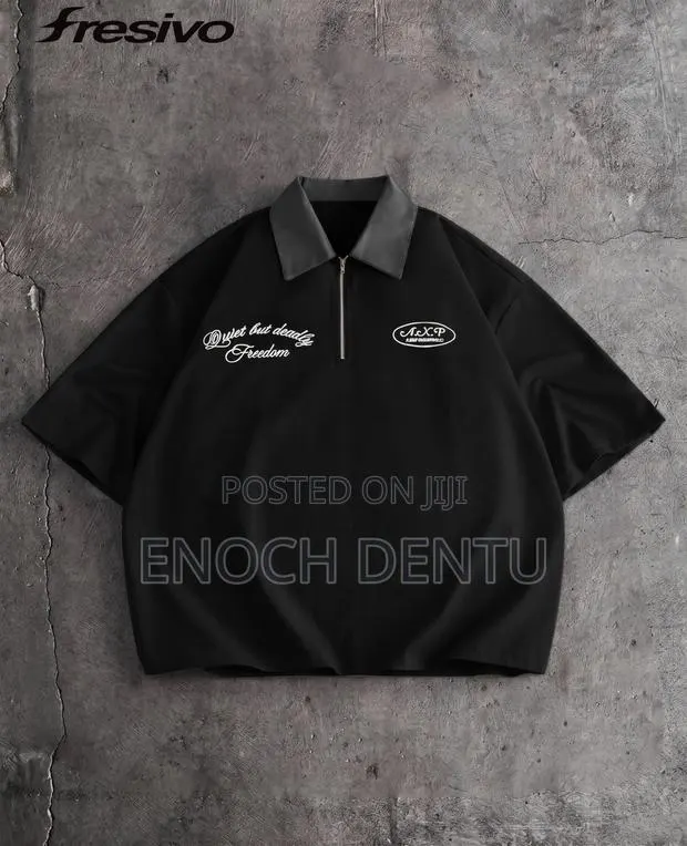 Embroidered Zipper Half-Placket Short Sleeve Polo Shirt · Photo 1