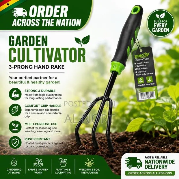 Garden Cultivator – 3-Prong Hand Rake – Black/Green · Photo 1