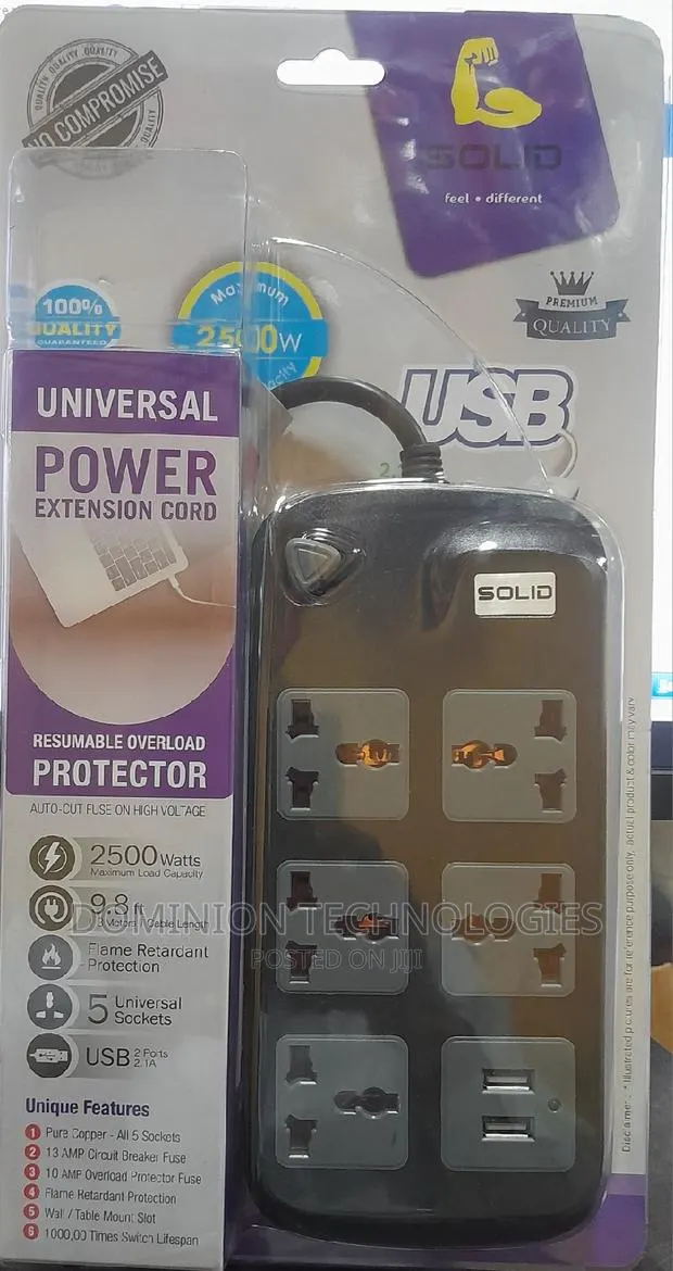 Solid Extension 5socket 2usb 2500w Flame Protector 3m Length · Photo 1