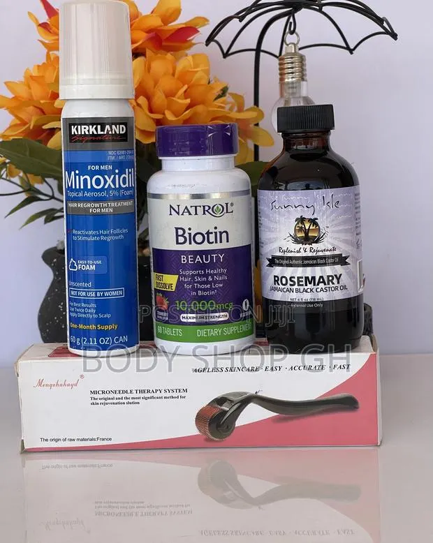 Kirkland Minoxidil Foam +Natrol Biotin +Rosemary Oil +Roller · Photo 1