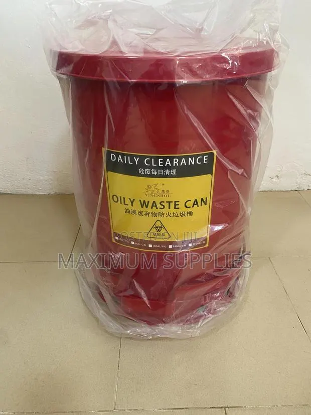 Foot Lever Opening Device Red Galvanized Steel Oily Waste Can · Photo 1