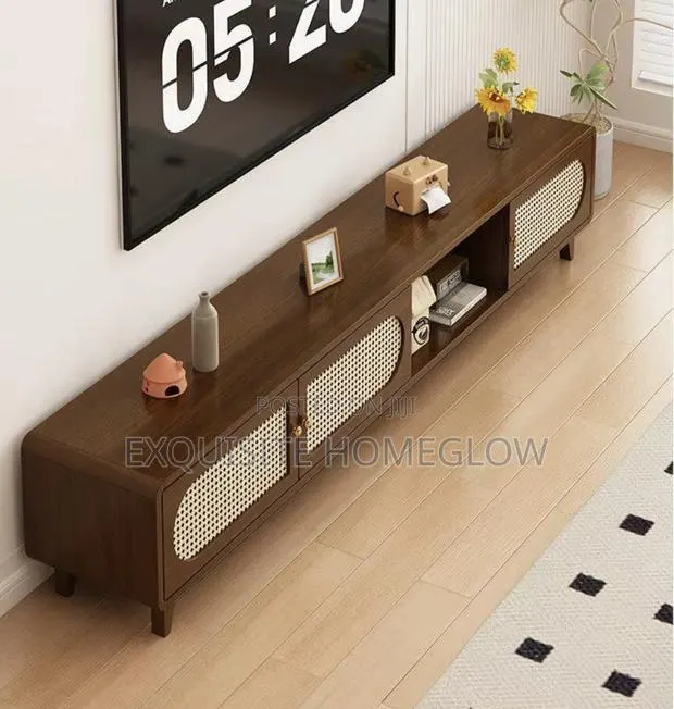 Rattan TV Stand With Open Storage Cabinet