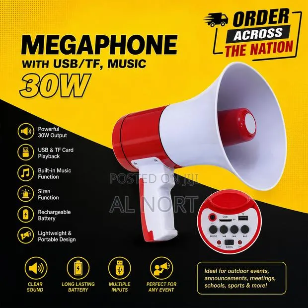 30W Megaphone With USB/TF Music – Red/White · Photo 1