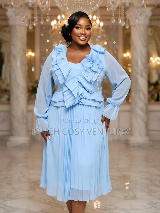Luxe Sky Blue Ruffle Pleated Midi Dress · Photo 1
