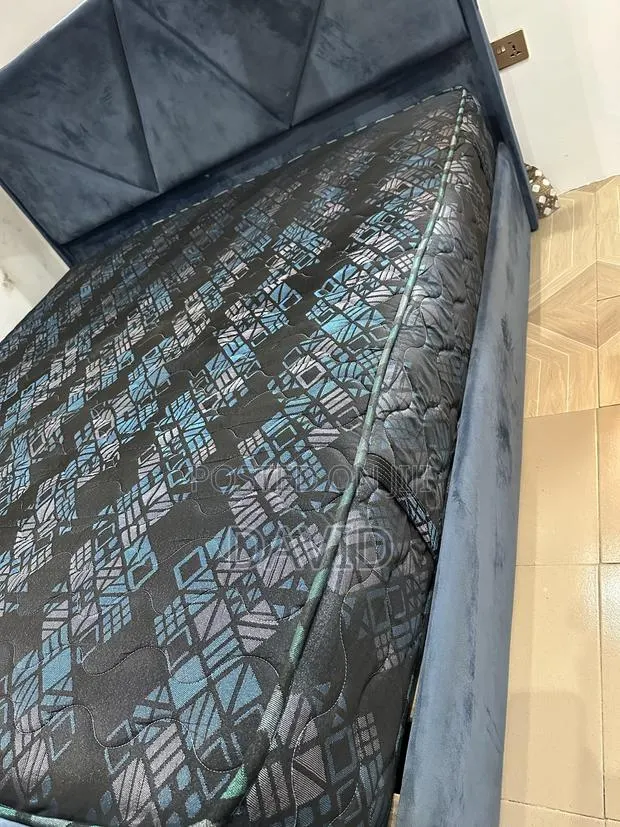Orthopedic Queen Size Mattress Plus a Blue Velvet Bed Frame · Photo 1
