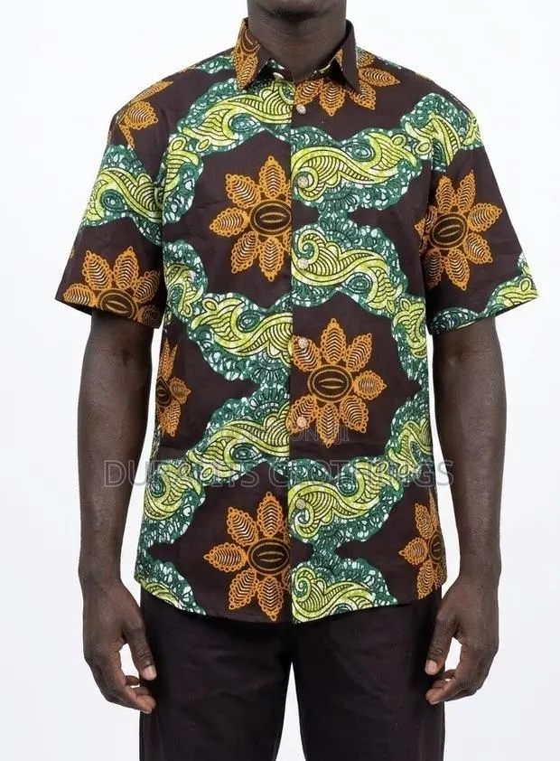 Men’s Green Floral Wave African Print Short-Sleeve Shirt · Photo 1