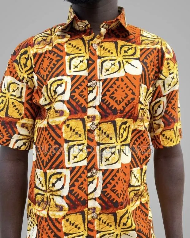 Men’s Orange Geometric African Print Short-Sleeve Shirt · Photo 1