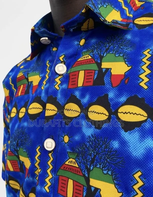 Men’s Blue Heritage Motif African Print Short-Sleeve Shirt · Photo 3